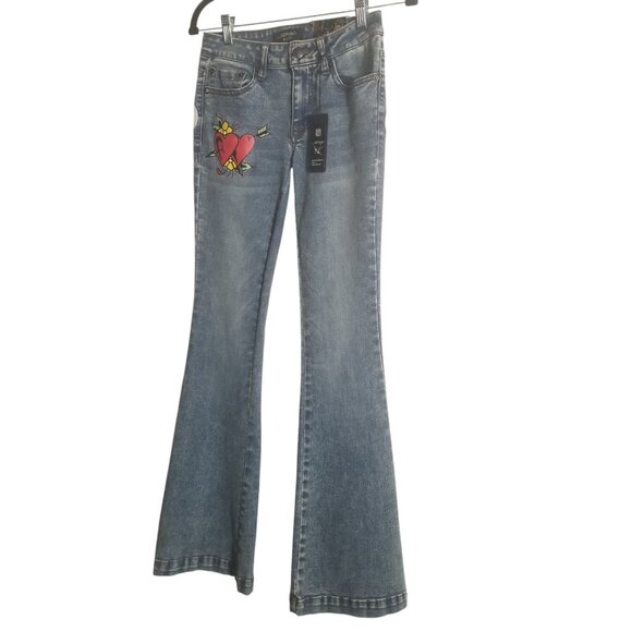 NWT Ed Hardy Hearts Women's Flare Y2K Hippie Jeans Sz 24 - Picture 2 of 8